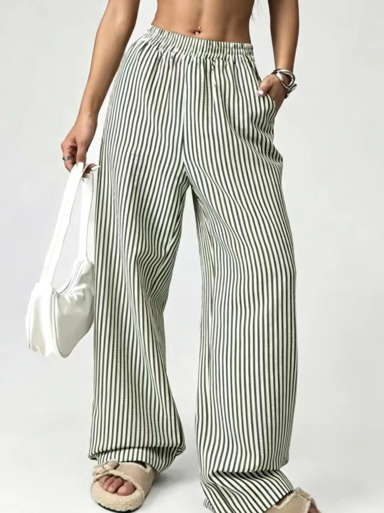 Striped Relaxed Elastic Waist Straight-Leg Pants with Pockets