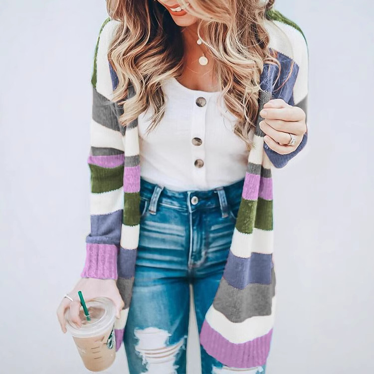 Women's Plus Size Striped Open Front Knit Cardigan Loose Batwing Sleeve