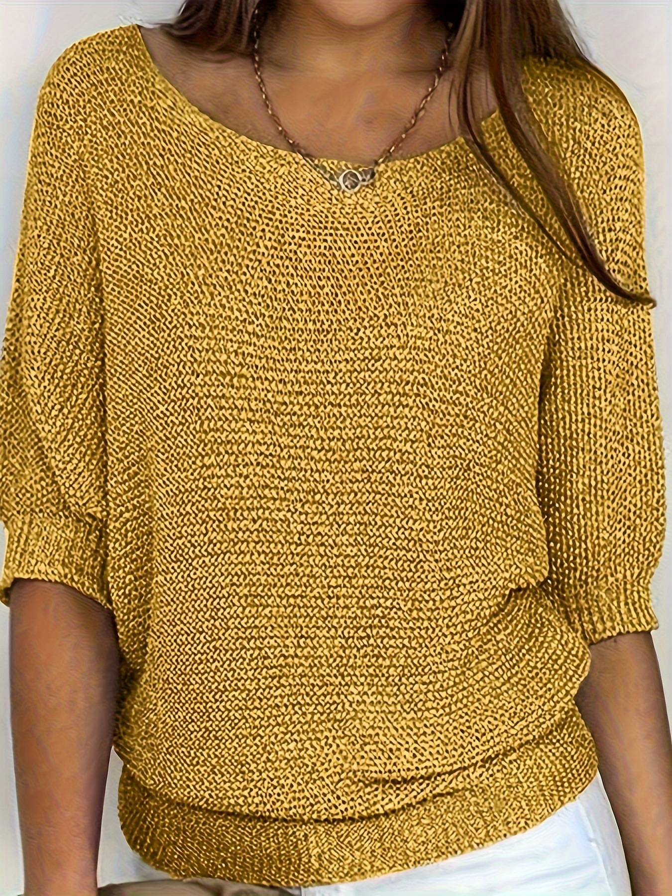 Women's Solid Crewneck Knit Top with Lantern Sleeves