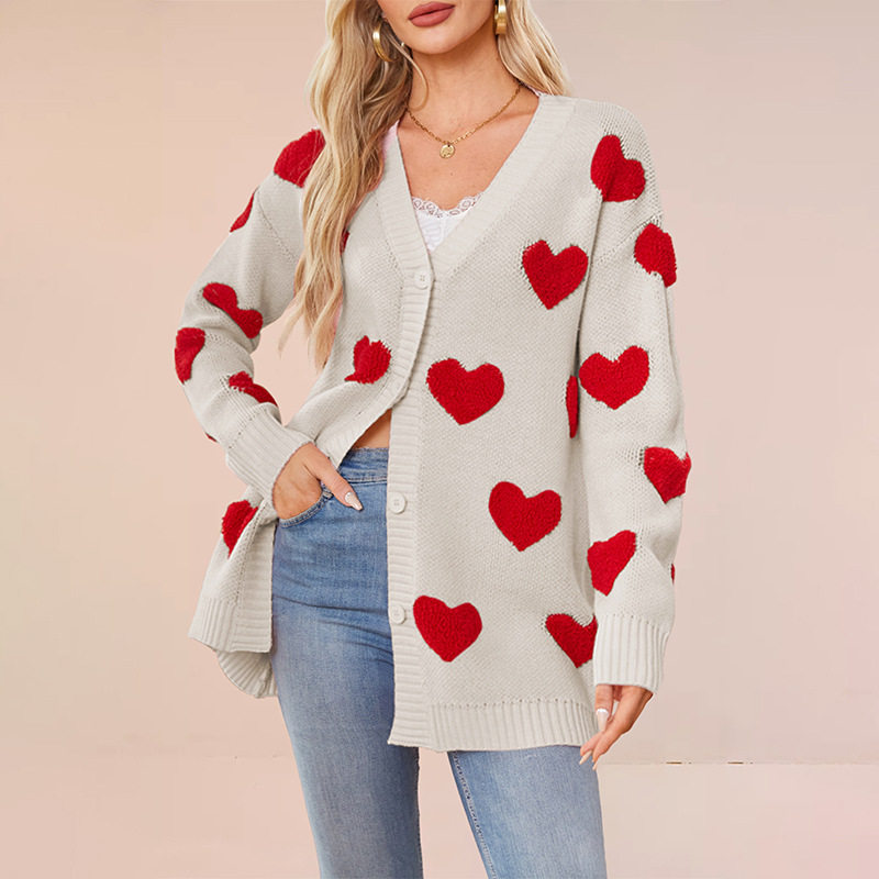 Heart Jacquard Knit Cardigan V-Neck Button Midi Length