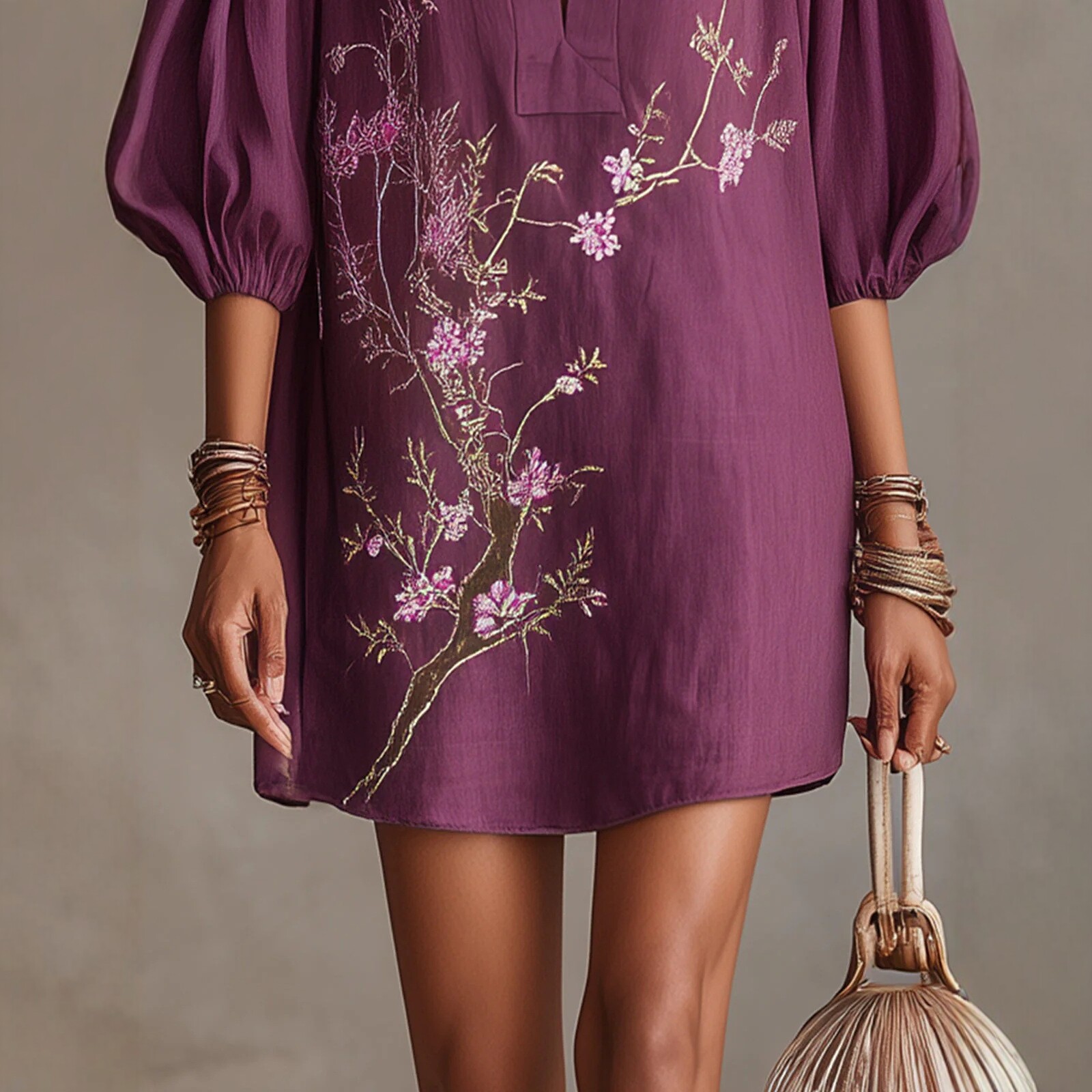 V-Neck Loose Fit Midi Dress with Puff Sleeves and Colorblock Design