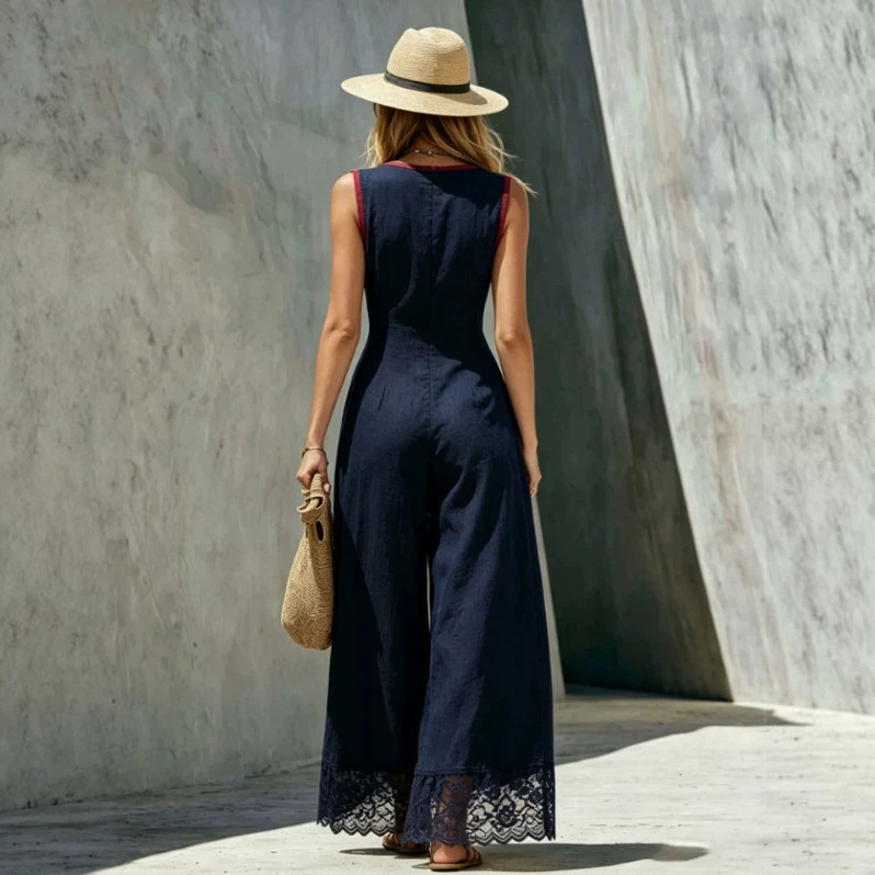 Color-Block Cotton-Linen Patchwork V-Neck Sleeveless Jumpsuit