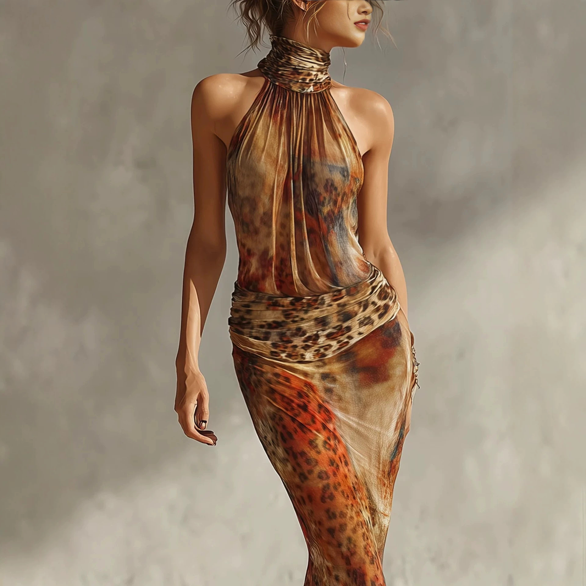 Women's Printed Halter Neck Sleeveless Mermaid Maxi Dress