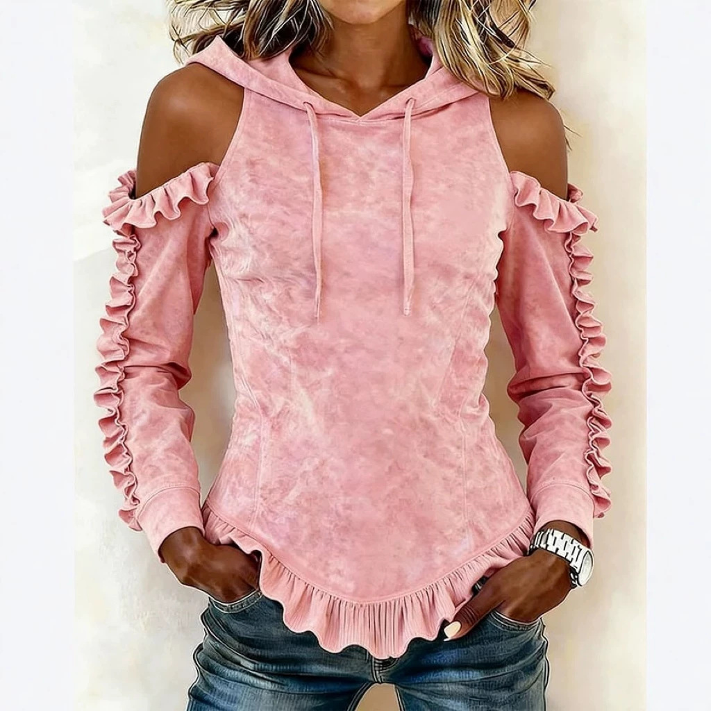 Women's Off-Shoulder Long-Sleeve Drawstring Ruffle Hoodie