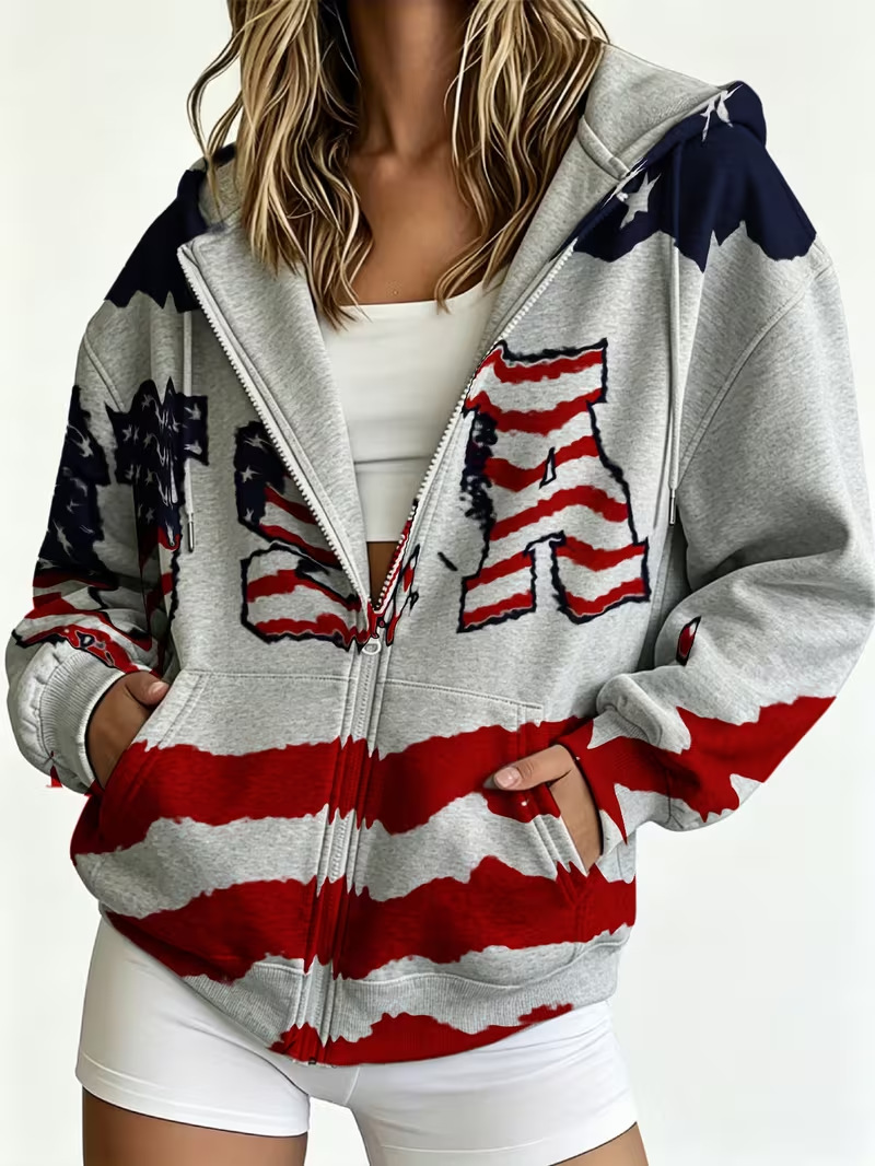 Women's Colorblock USA Flag Striped Zip-Up Hoodie