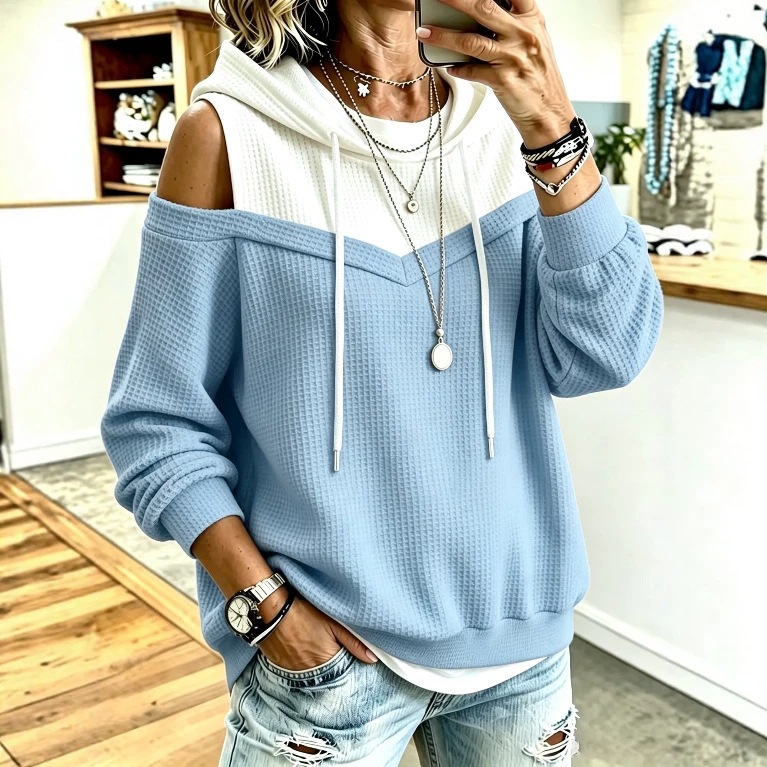 Waffle Colorblock Cold-Shoulder Hoodie Casual Loose Women's Top