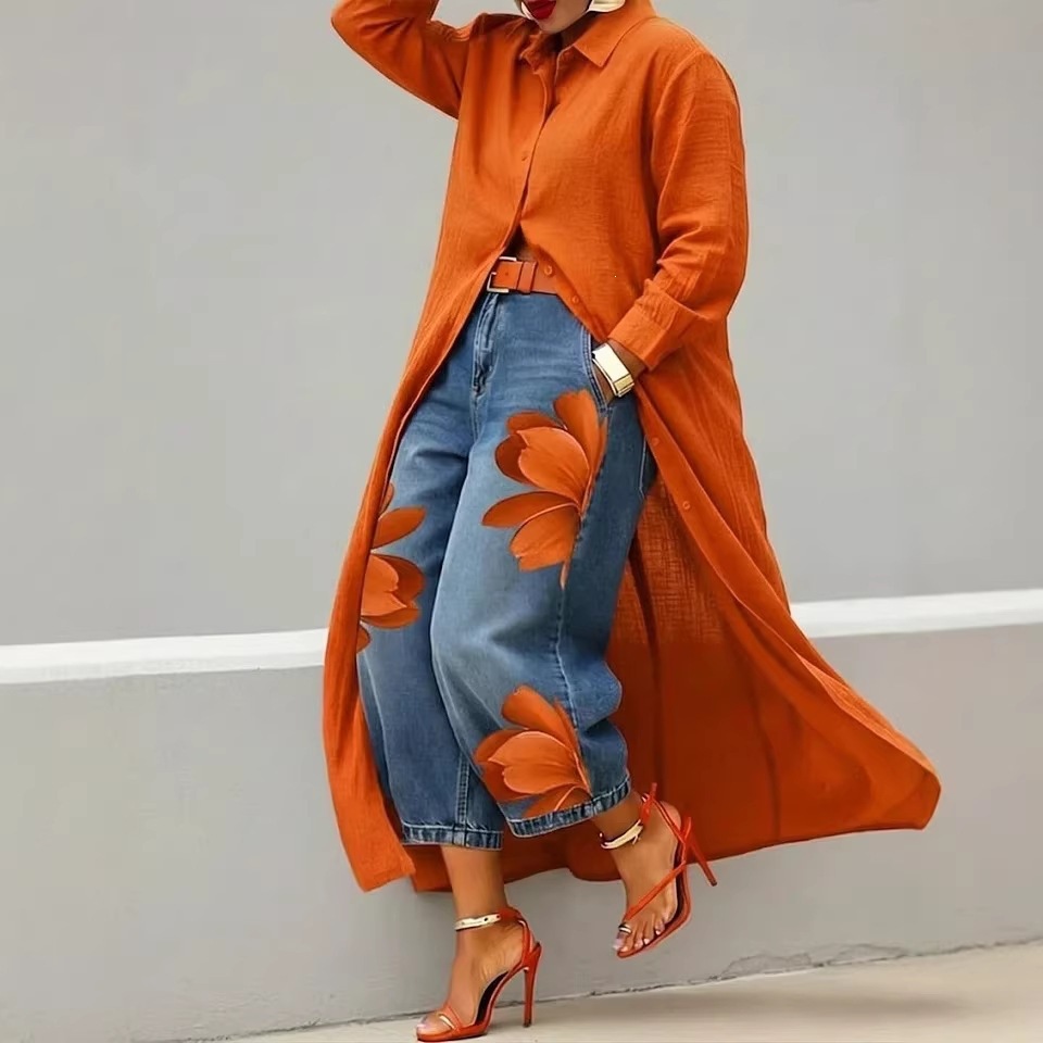 Solid Color Loose Long Shirt Dress with Polo Collar