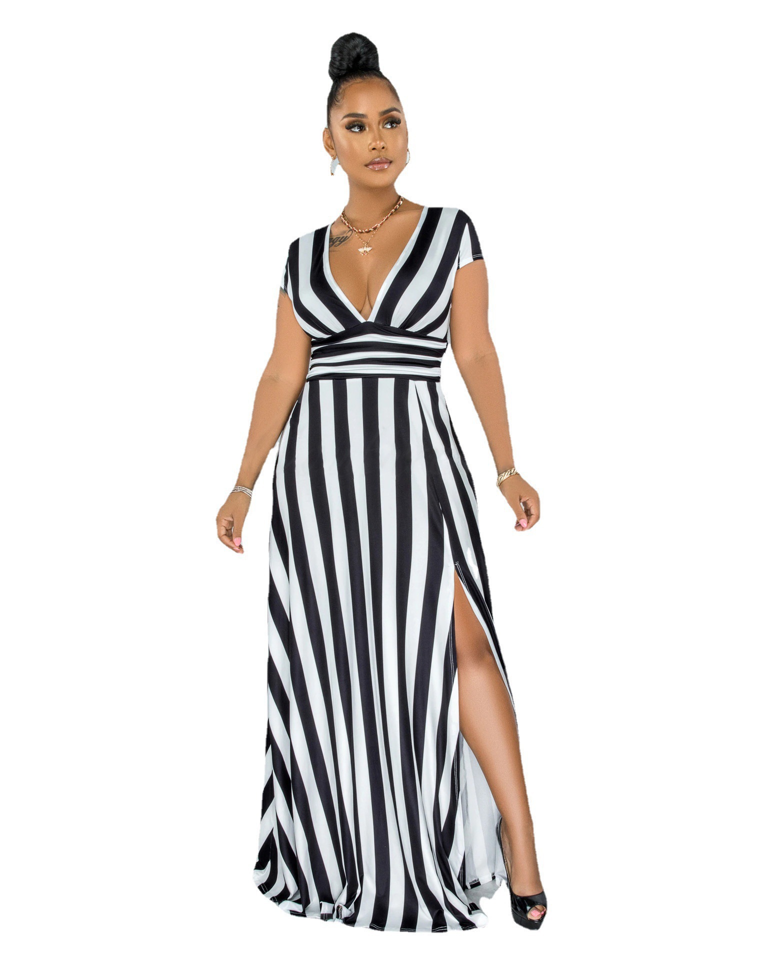 Striped Slit Sleeveless Long Dress
