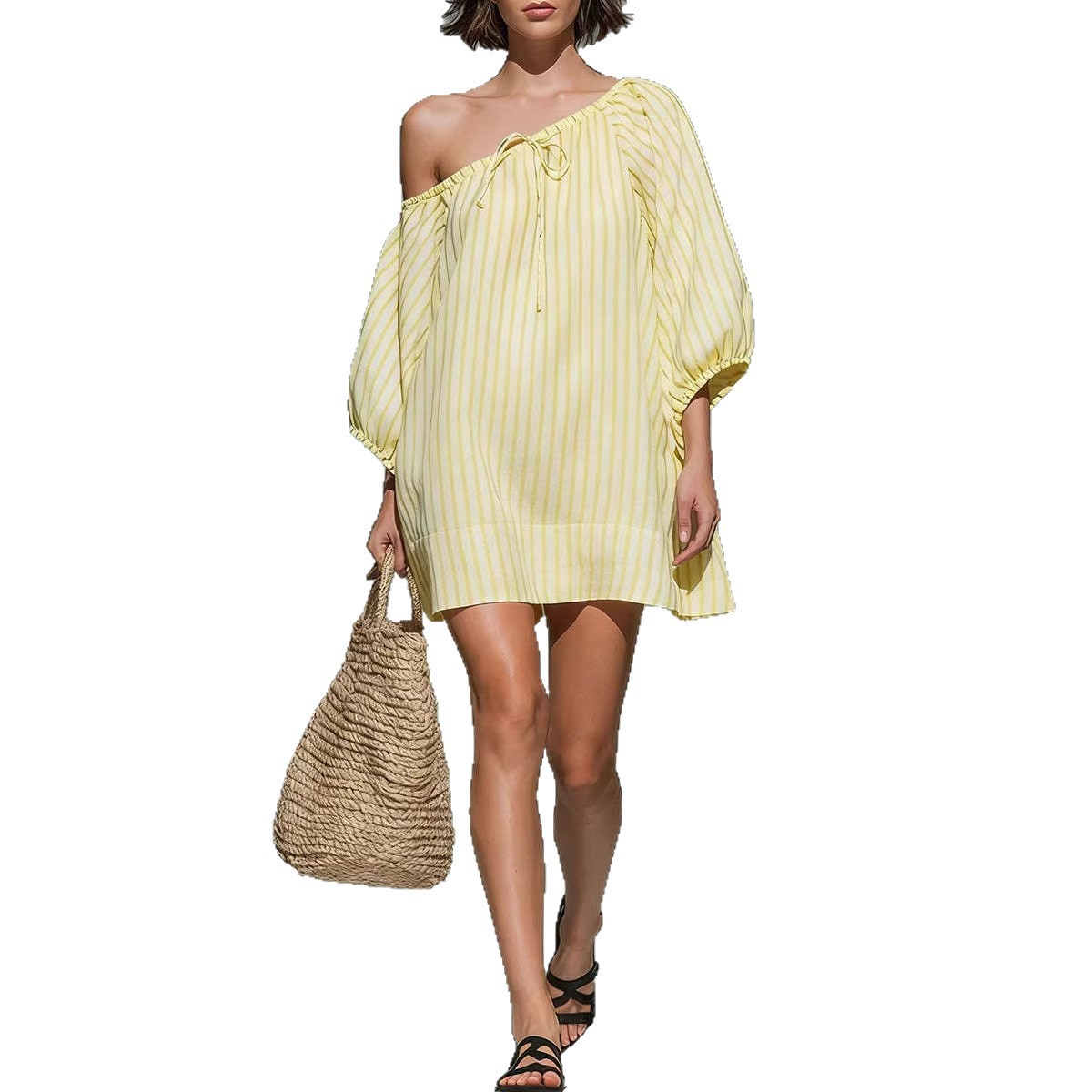 Striped One-Shoulder Cutout Loose A-Line Short Dress