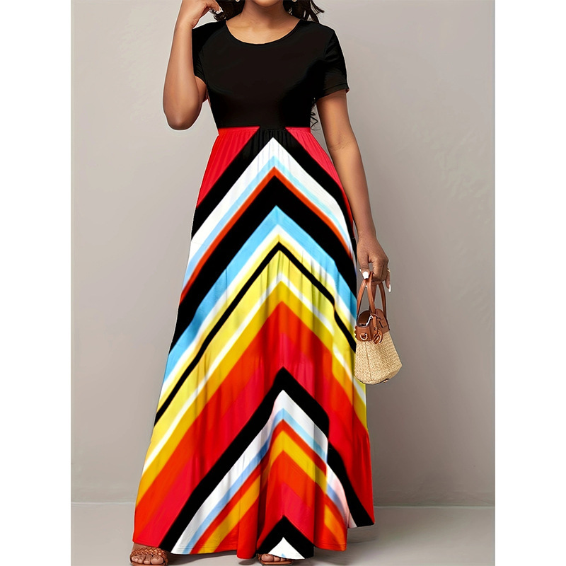Women's Summer Striped Short Sleeve Round Neck Long Dress