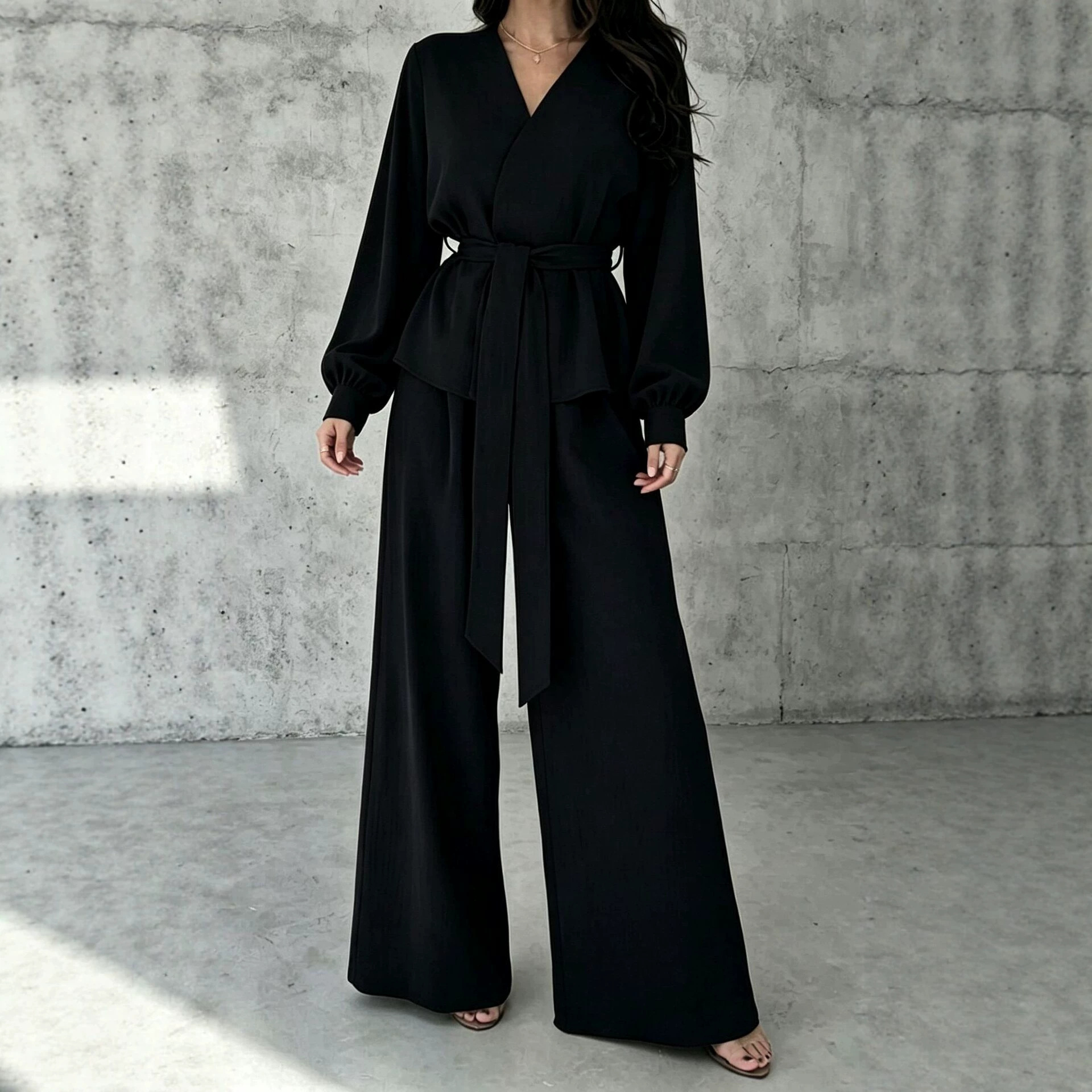 V-Neck Tie Long Sleeve Wide-Leg Pants Casual Two-Piece Set