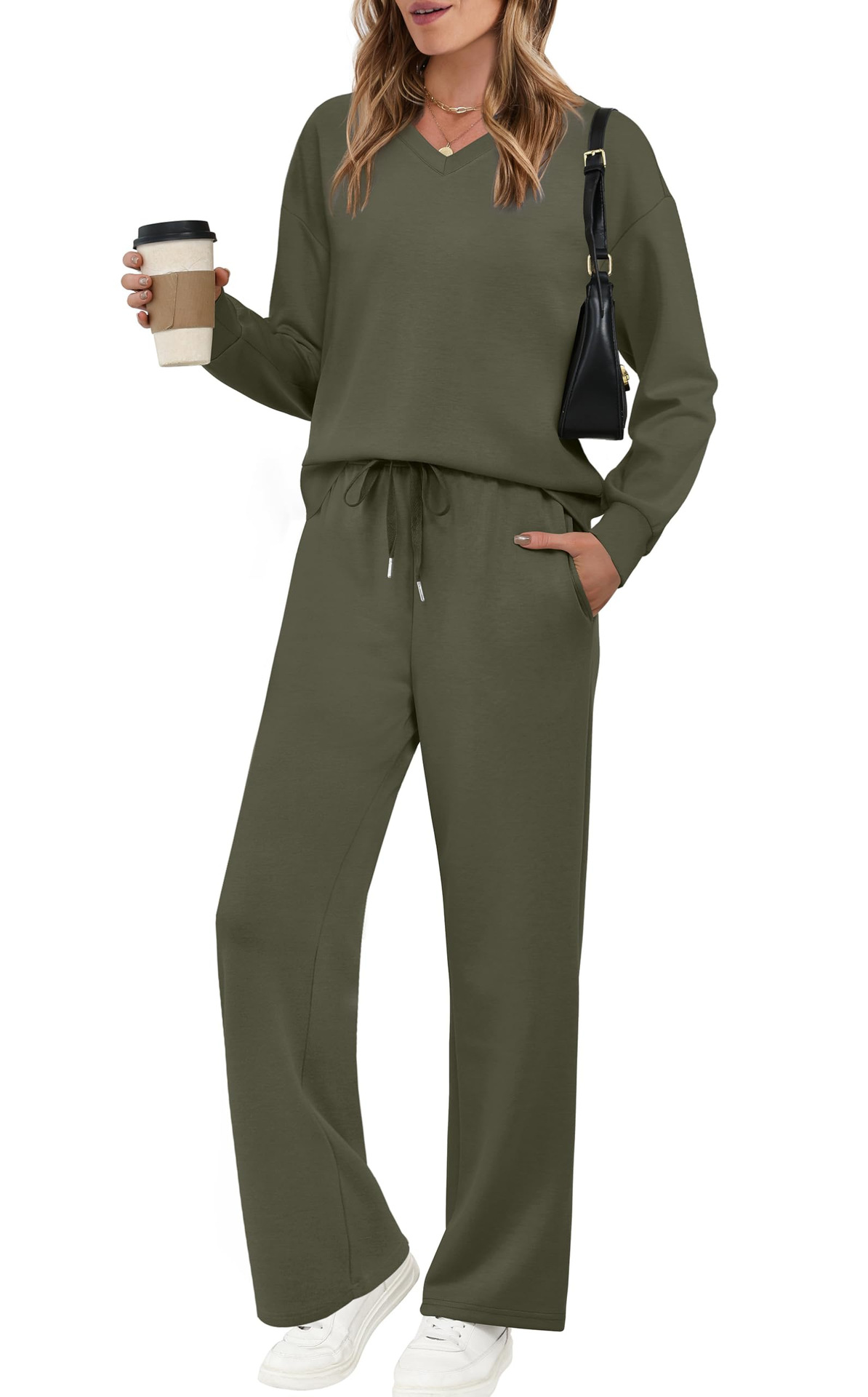 Women's Long Sleeve Drawstring Solid Color Casual Pants Set
