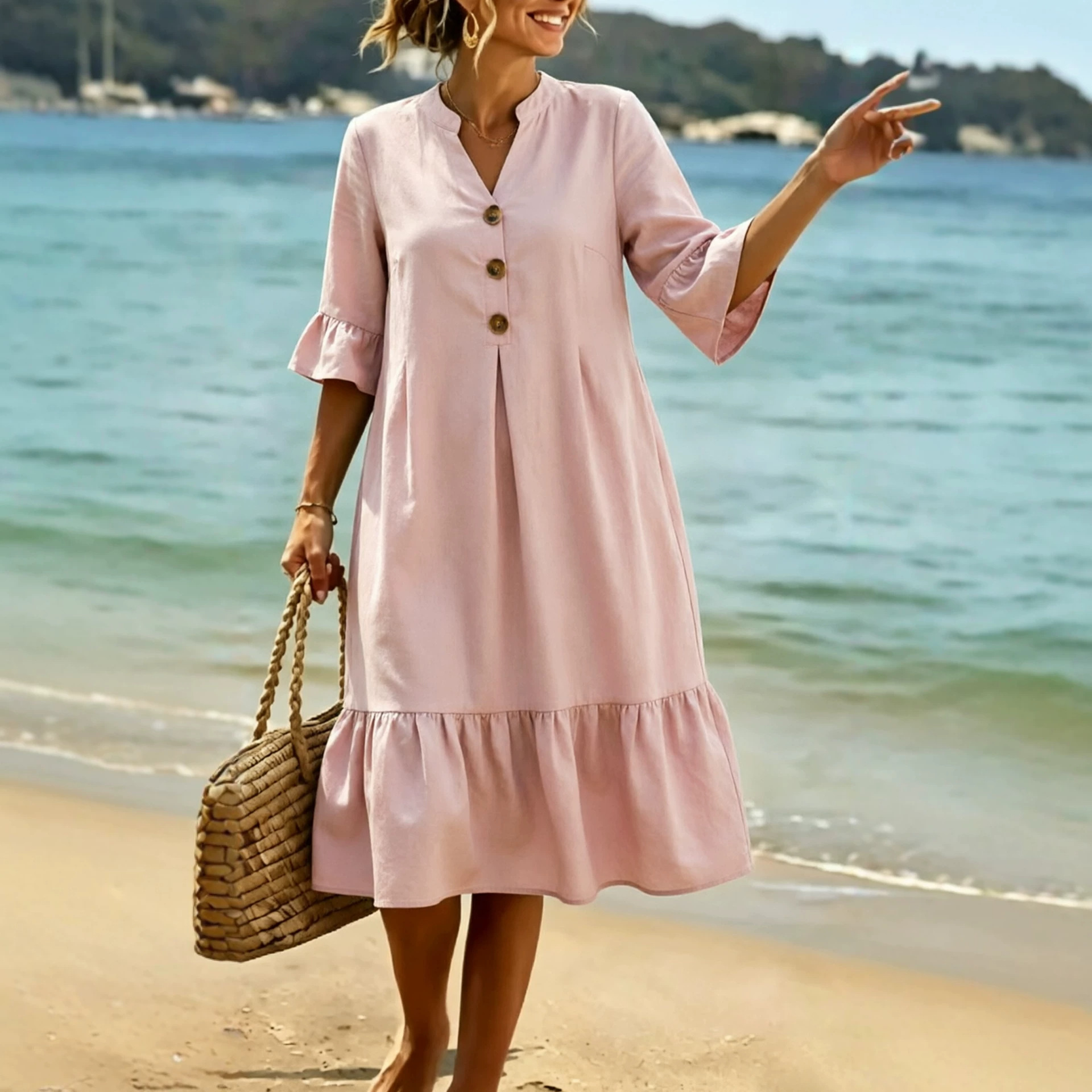 V-Neck Polka Dot Ruffle Sleeve Boho Vacation Dress
