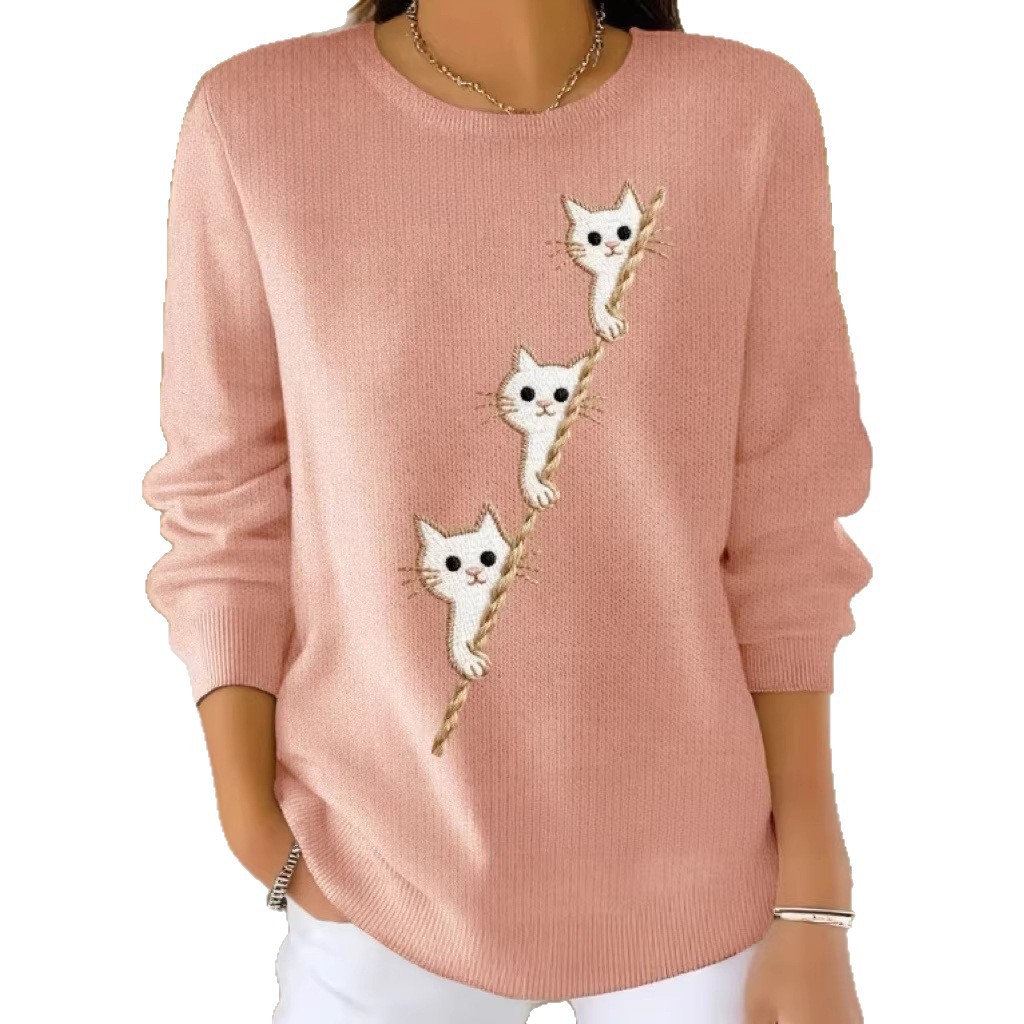 Women's Cat Ladder Print Crewneck Sweatshirt