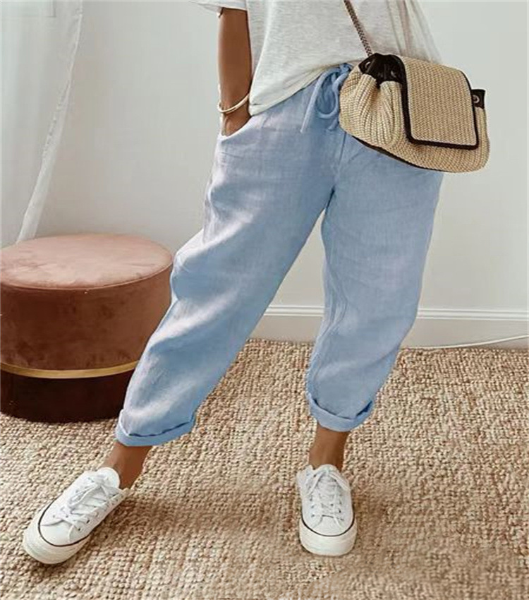 Women's Cotton-Linen Elastic Waist Casual Pants with Pockets