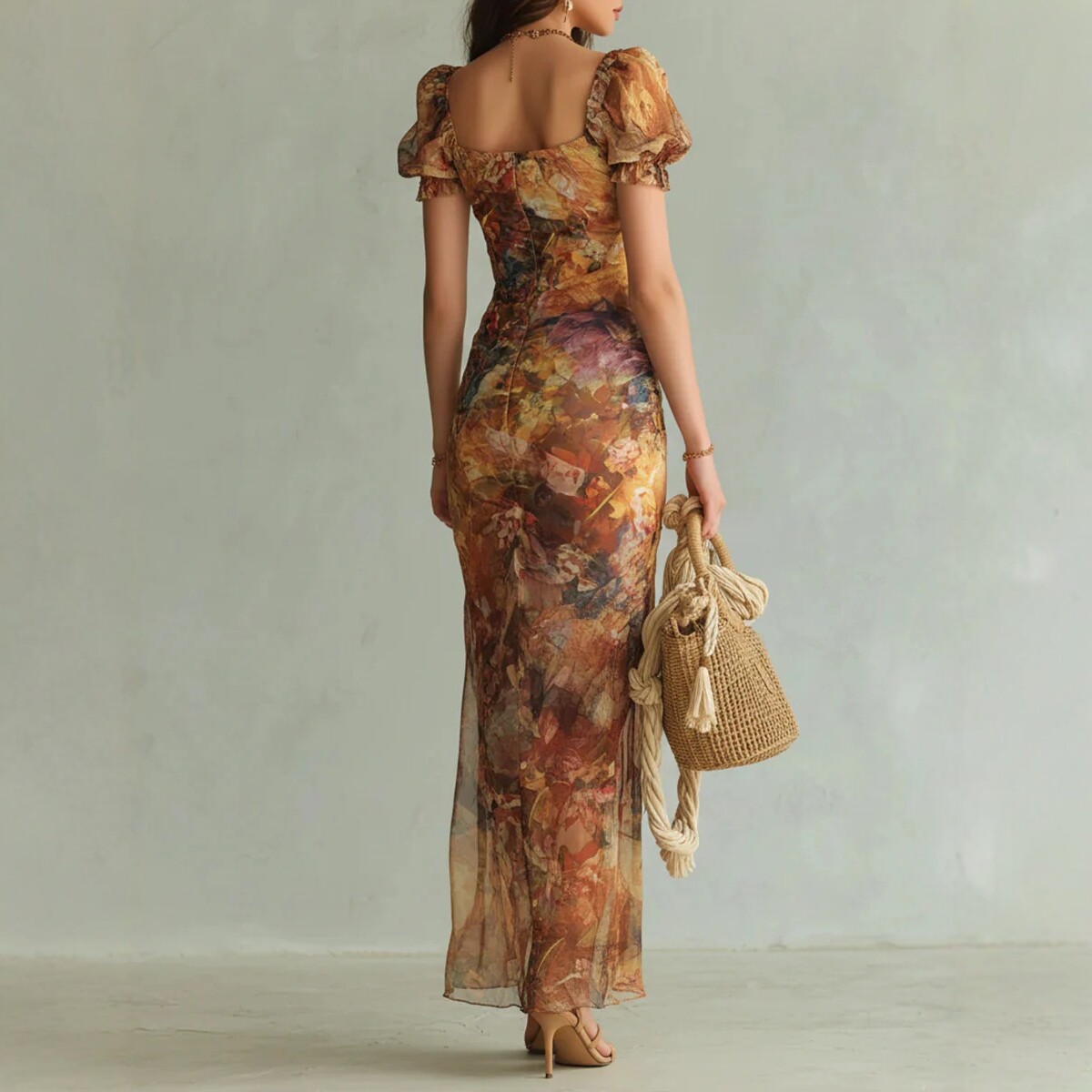 Square Neck Floral Print High-Waist Slit Maxi Dress