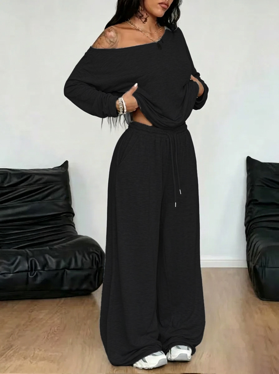 Women's Oblique Collar Wide-Leg Pants Set Solid Color Casual Two-Piece Long Sleeve