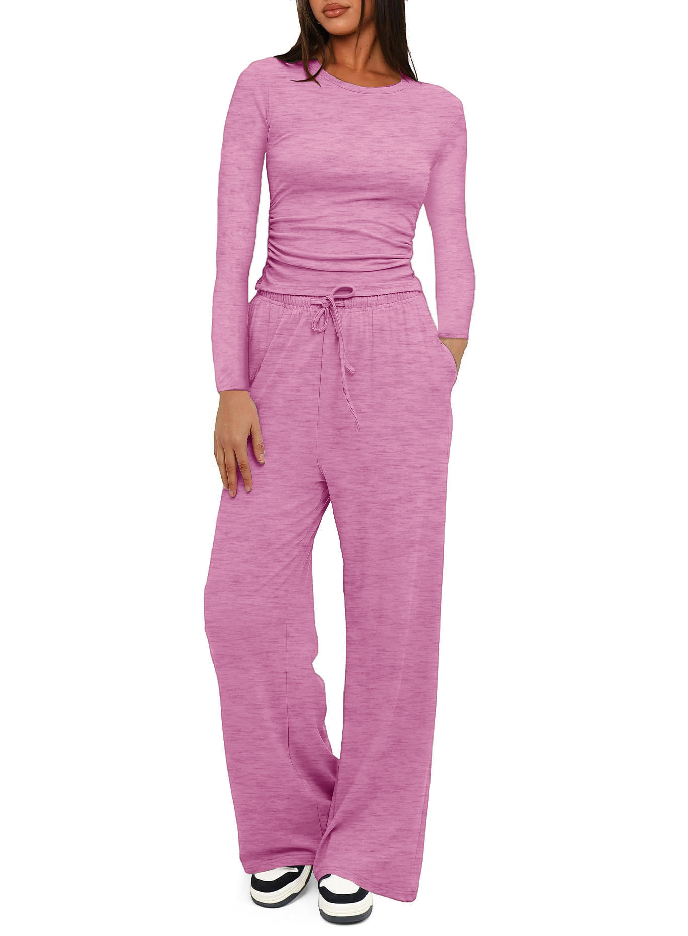 Solid Color Long Sleeve Top & High-Waist Wide-Leg Pants Set