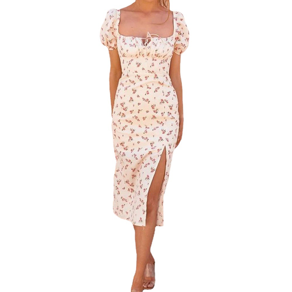 Women's French Square Neck Puff Sleeve Floral Bodycon Slit Dress