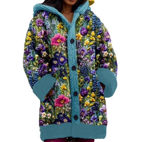 Women's Hooded Floral Animal Print Faux Sweater Cardigan