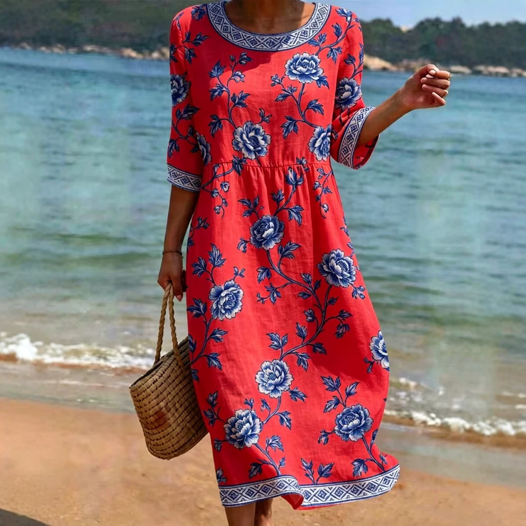 Women's Floral Print Midi Dress Crew Neck Half Sleeve Slim Fit Casual