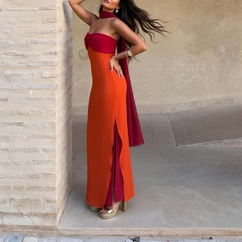 Elegant Ribbon Accent High-Slit Evening Dress with Spliced Design