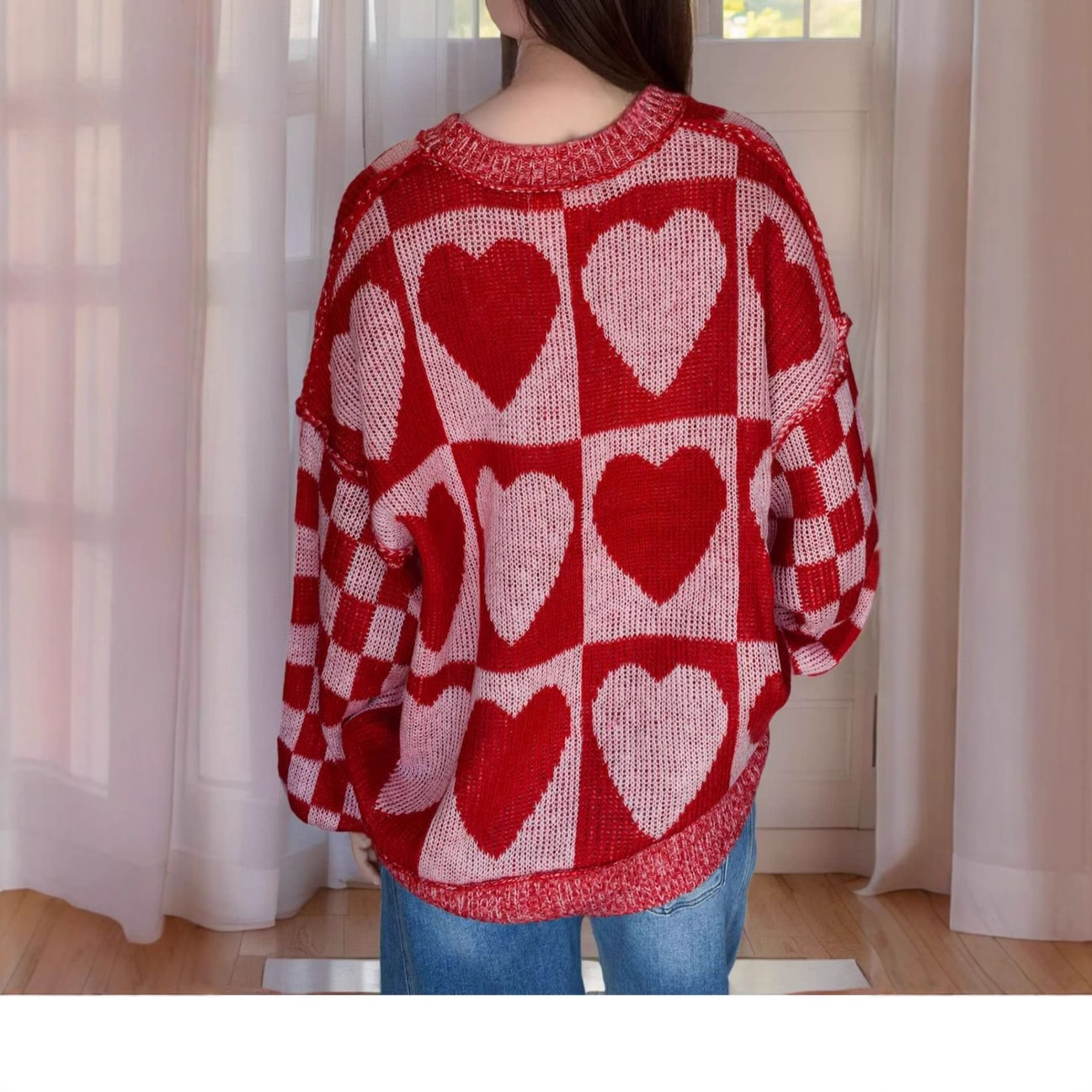 Loose Fit Heart Pattern Mid-Length Sweater Lazy Style Thick Round Neck Knit Top