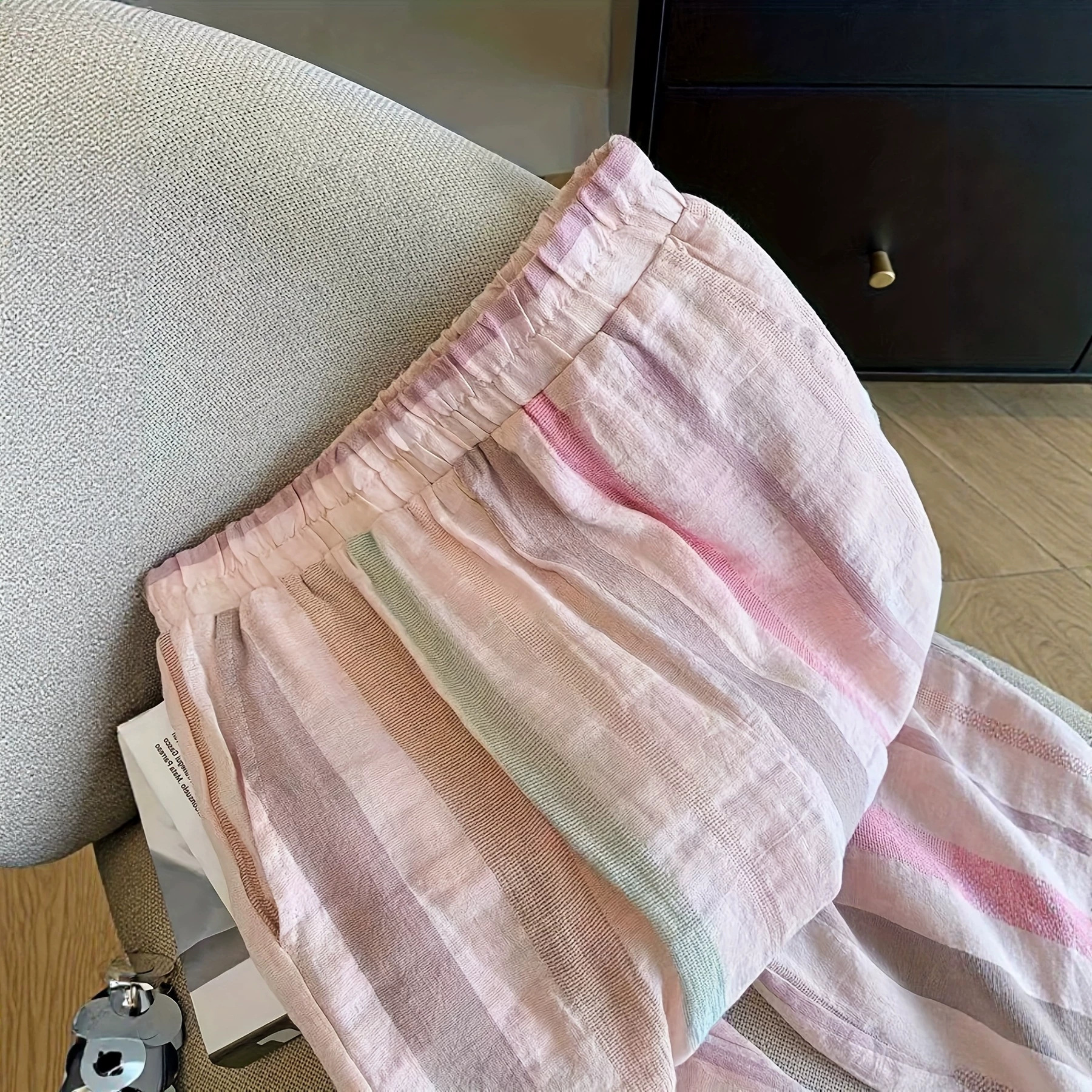 Striped Elastic Waist Wide-Leg Pants Women's Straight-Leg Casual Cotton-Linen Blend Lightweight