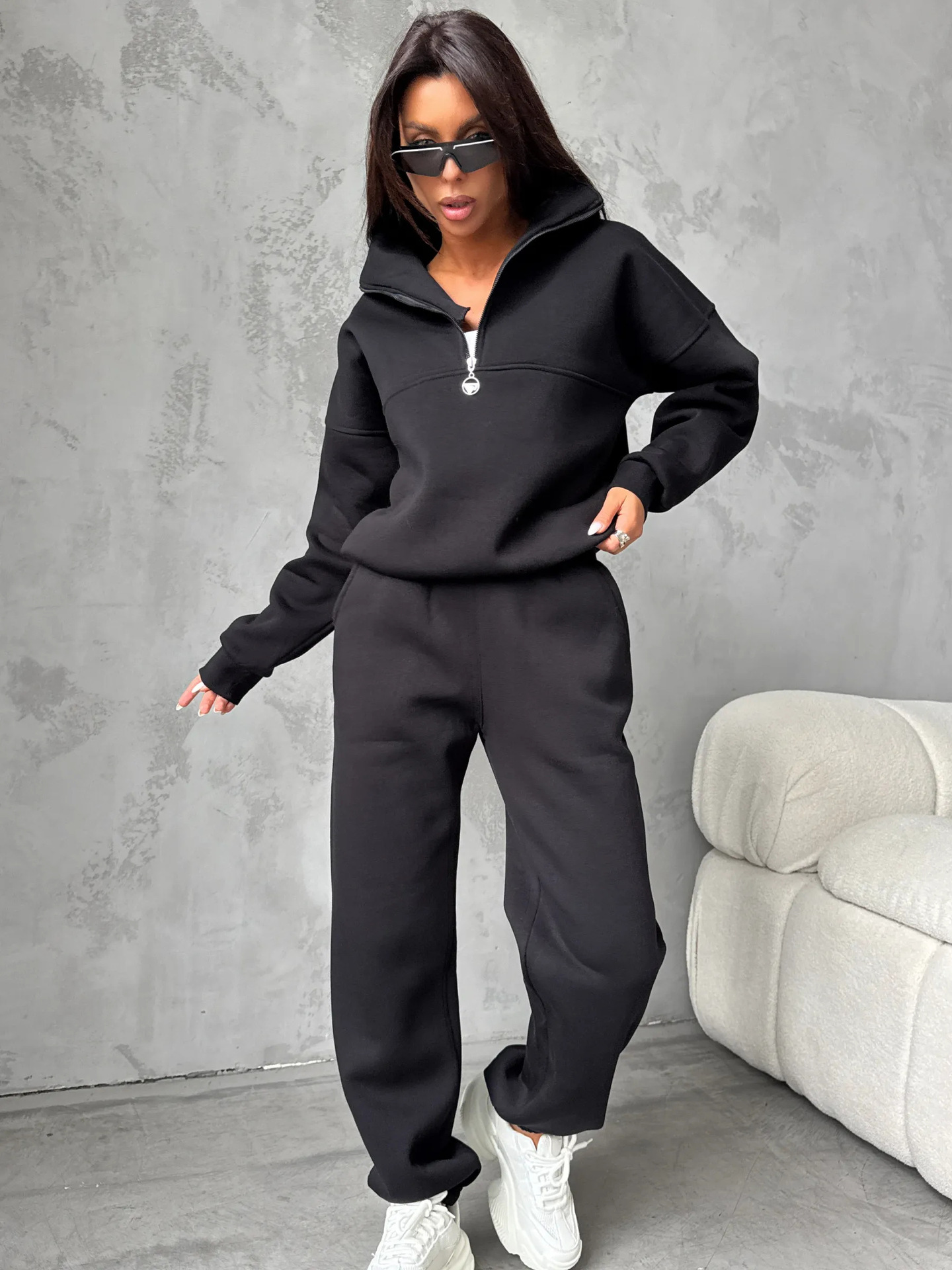 Women's Half-Zip Pullover Hoodie and Jogger Pants Two-Piece Set