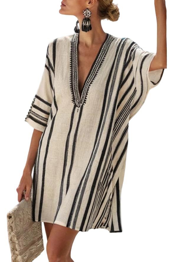 Women's Striped Floral Print Midi Dress Deep V-Neck Sleeveless Slim Fit