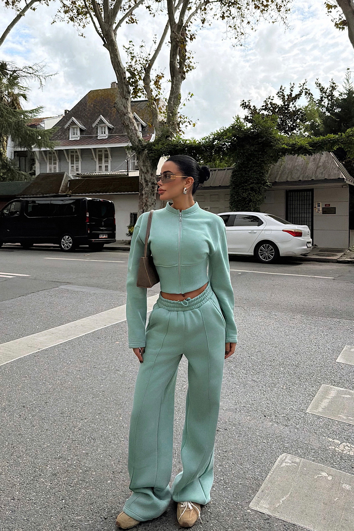 Women's Solid Zip Cardigan & Wide-Leg Pants Set Casual Knit Two-Piece