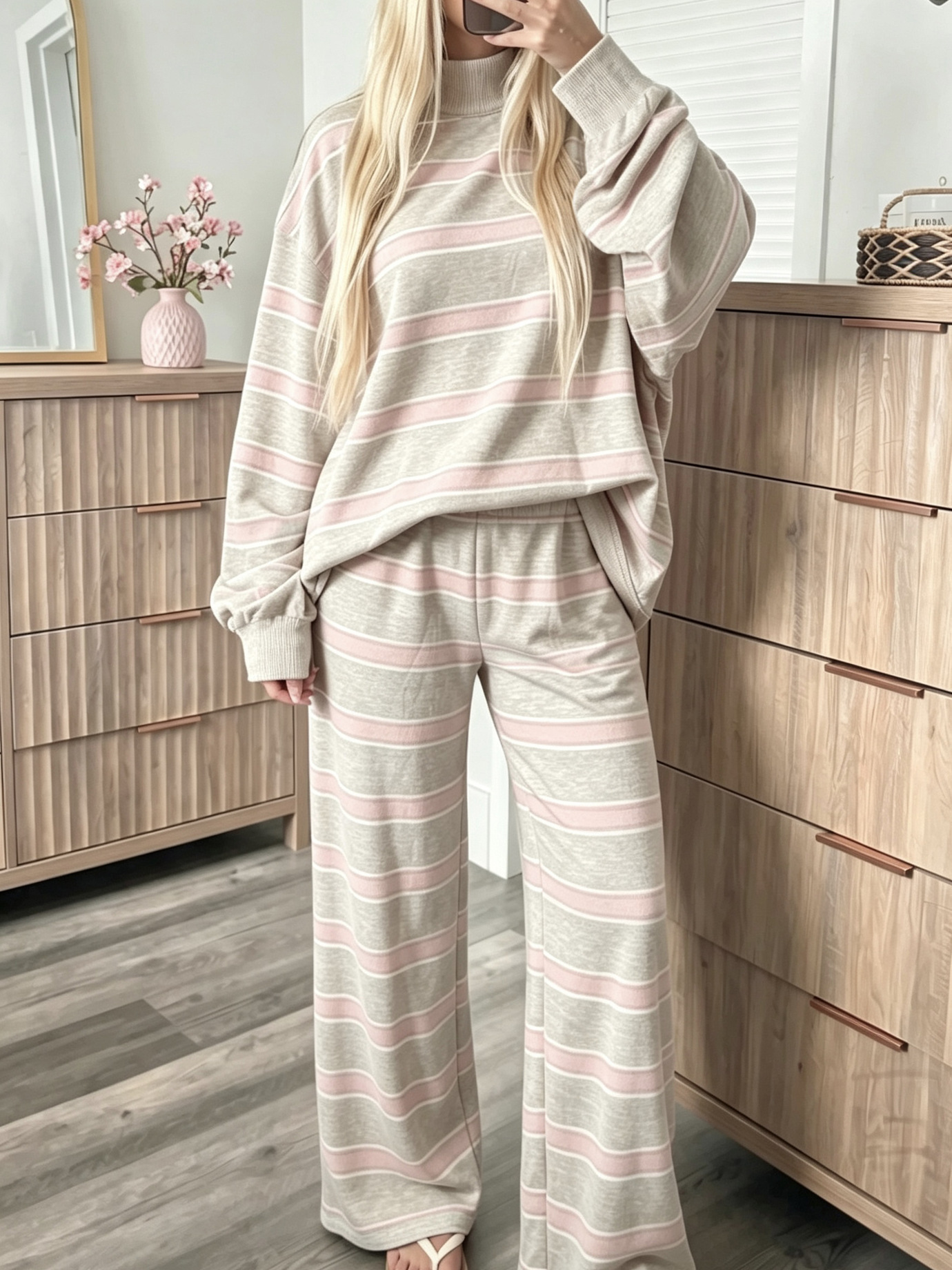 Striped Print Two-Piece Women's Casual Set Long Sleeve Crew Neck