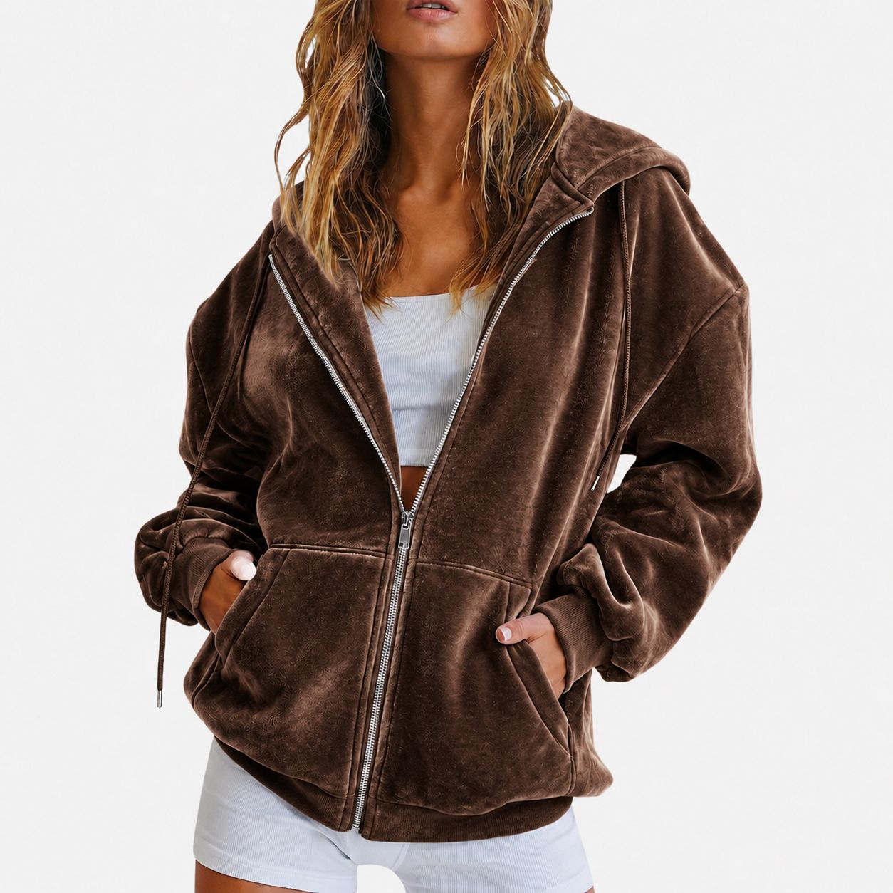 Velvet Zip-Up Hoodie Loose Fit Casual Jacket