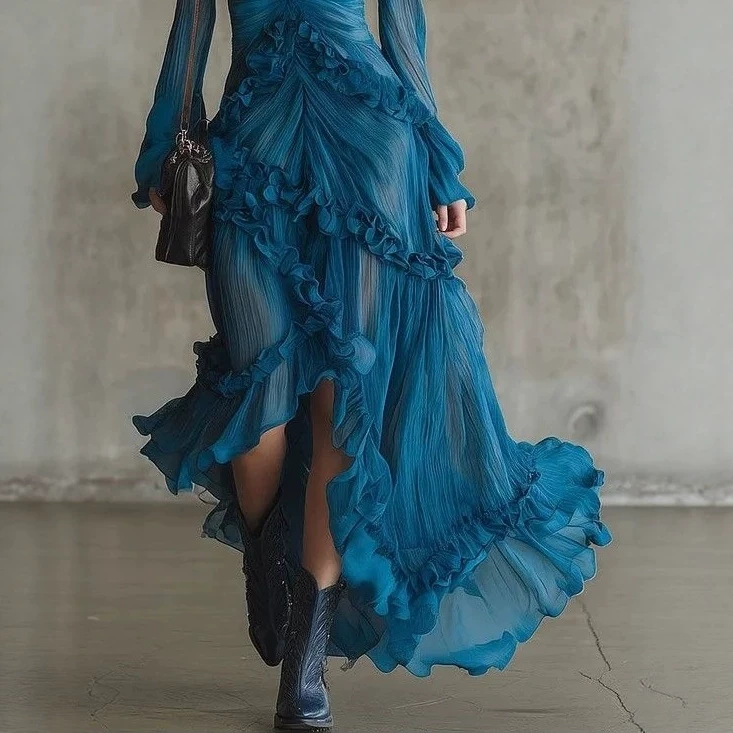 Peacock Blue Deep V Ruffle Pleated Sheer Slit Long Sleeve Maxi Dress