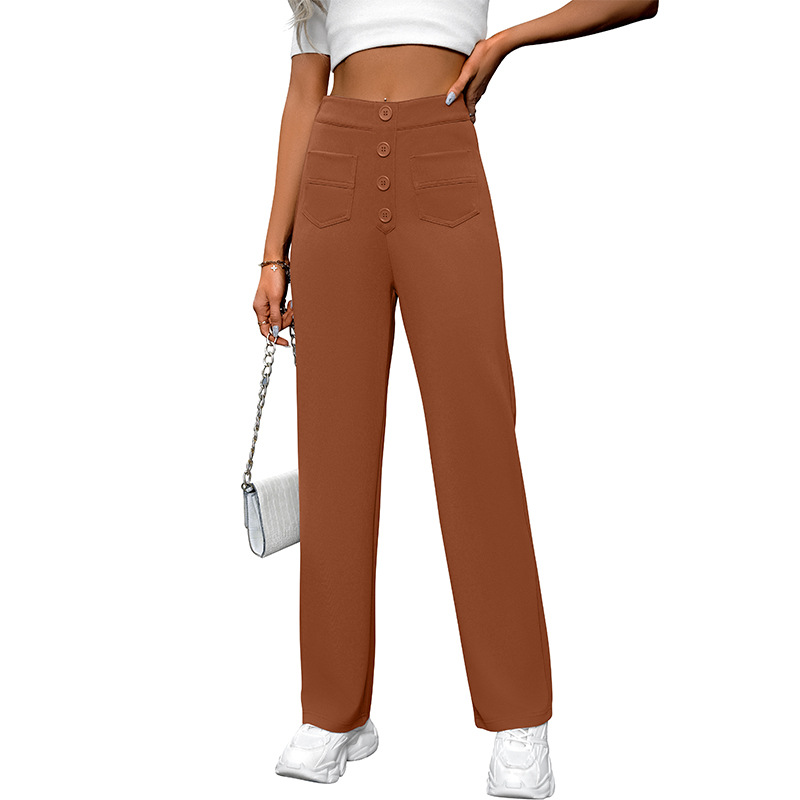 High-Waist Wide-Leg Button Pants with Pockets Casual Straight-Leg Trousers
