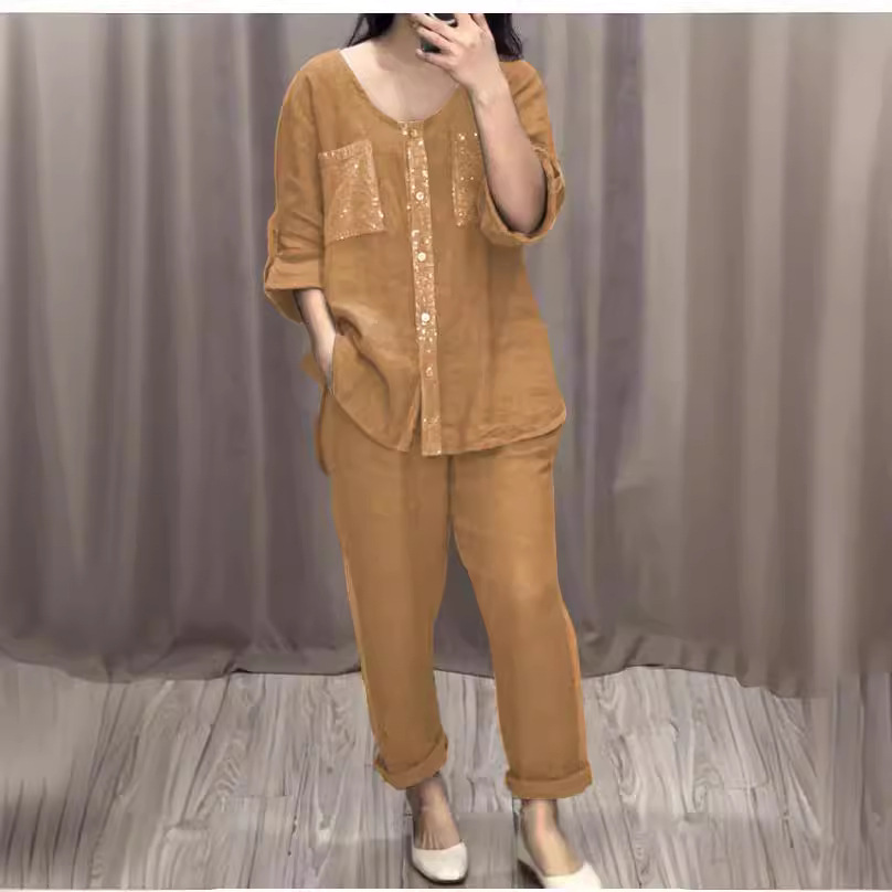Women's Casual Two-Piece Set with Pockets, Button Placket, and Gold Accents, Round Neck