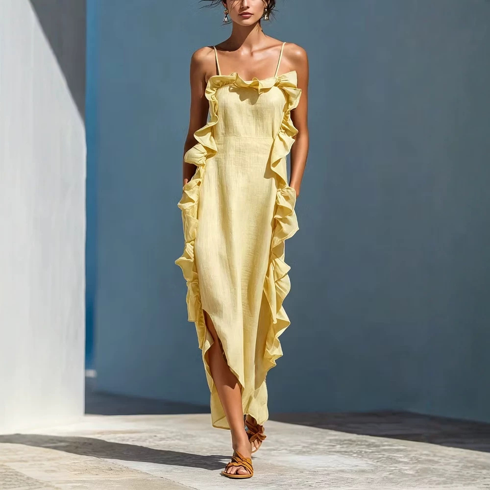 Ruffled Sleeveless Halter Maxi Dress