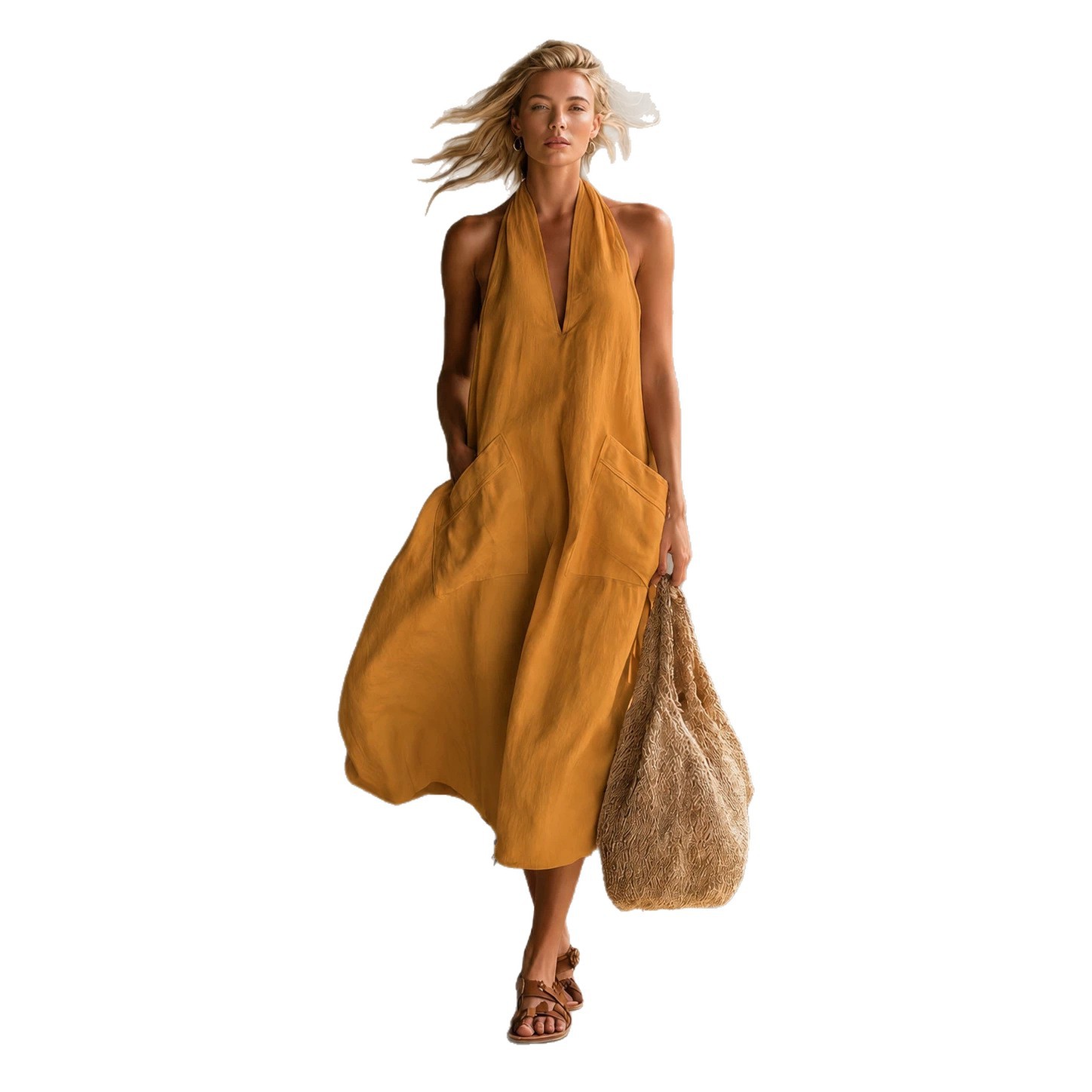 Women's V-Neck Sleeveless A-Line Midi Dress with Patch Pockets