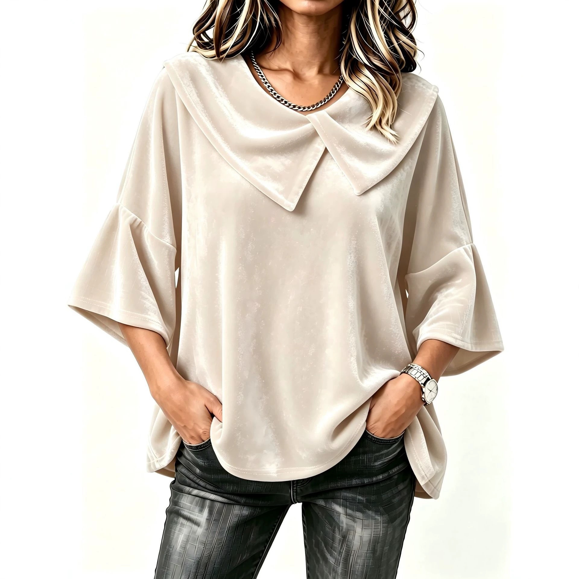 Retro Asymmetric Patchwork Big Lapel Bell Sleeve Loose Velvet Top