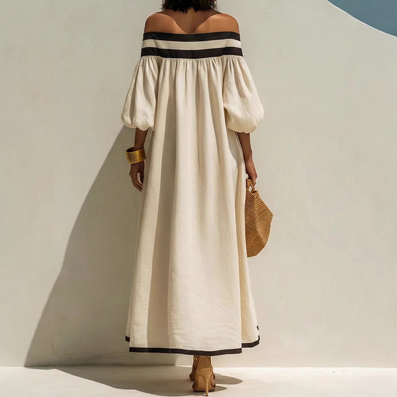 Off-Shoulder Striped A-Line Midi Dress with Puff Sleeves