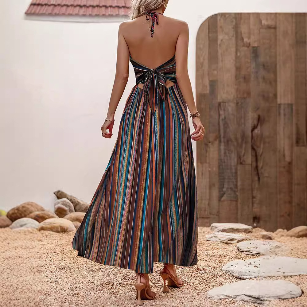 Striped Print Chiffon Cami Maxi Dress with Flared Hem
