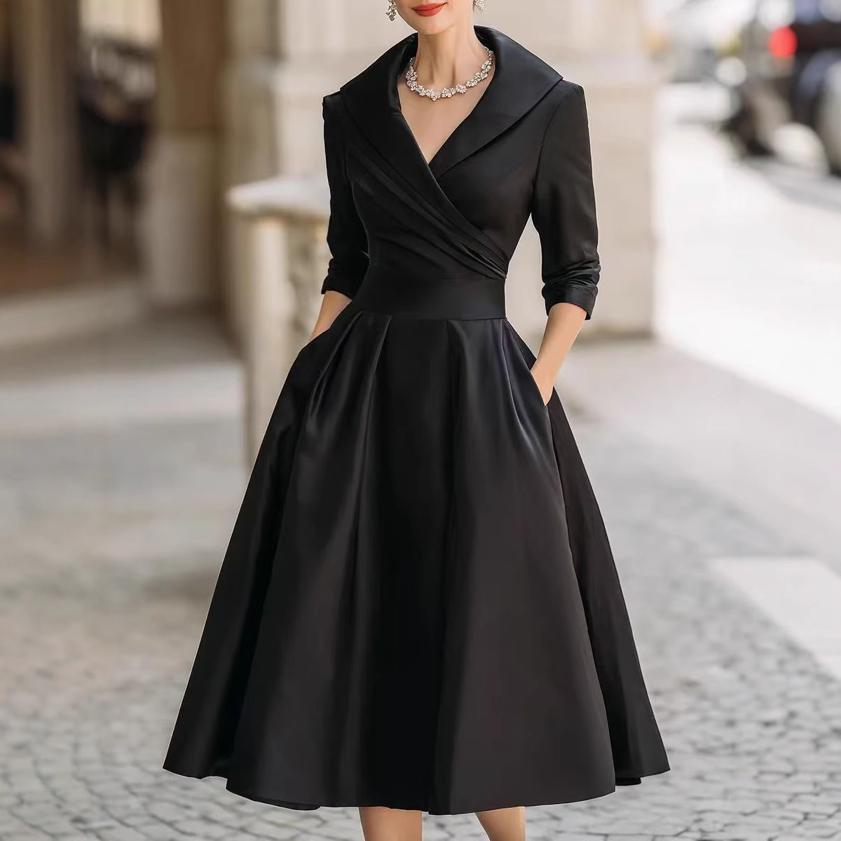 Women's Faux Suede Long Sleeve High Waist Midi Dress