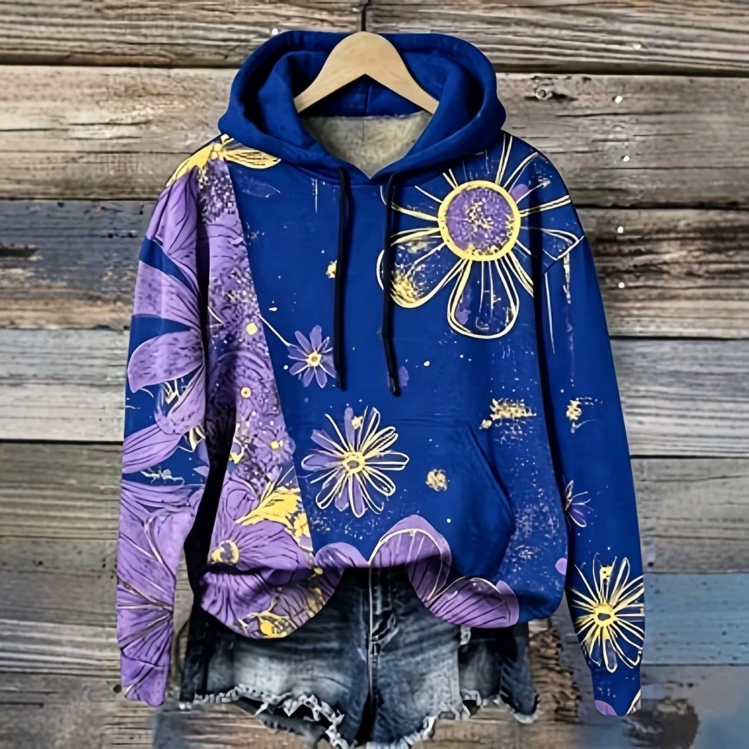 Floral Petal Print Women's Casual Hoodie