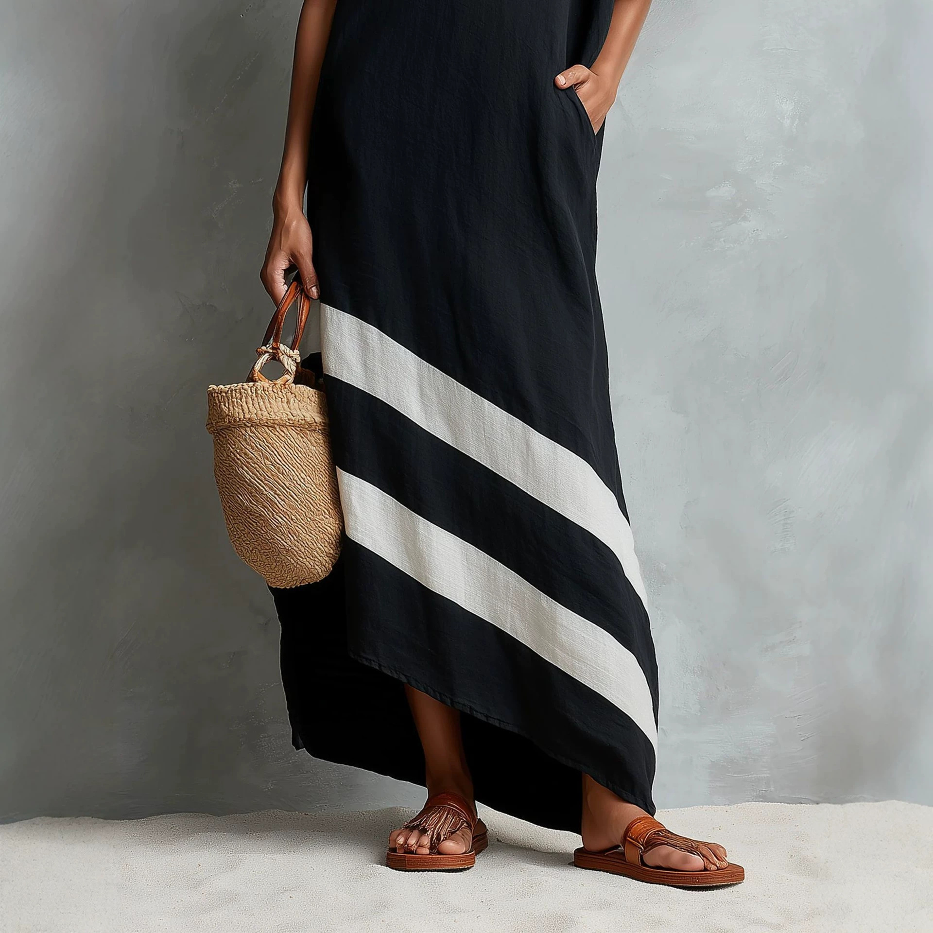 Minimalist Color-Block Linen-Blend One-Shoulder Long Dress