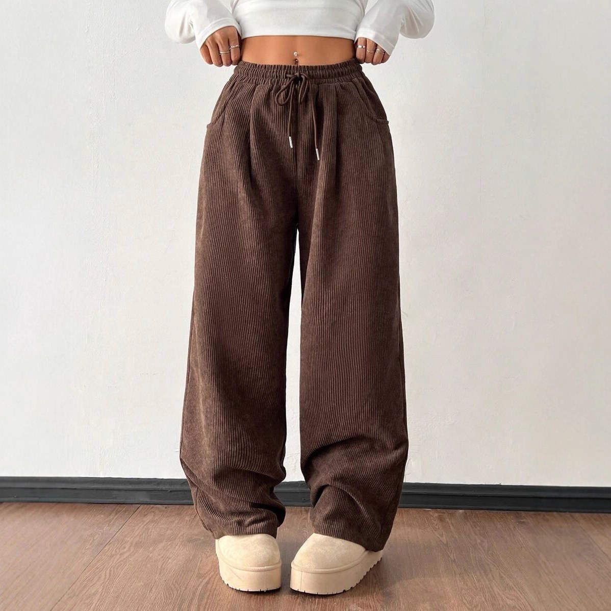 Corduroy Wide-Leg Casual Pants for Women, Loose High-Waist Streetwear