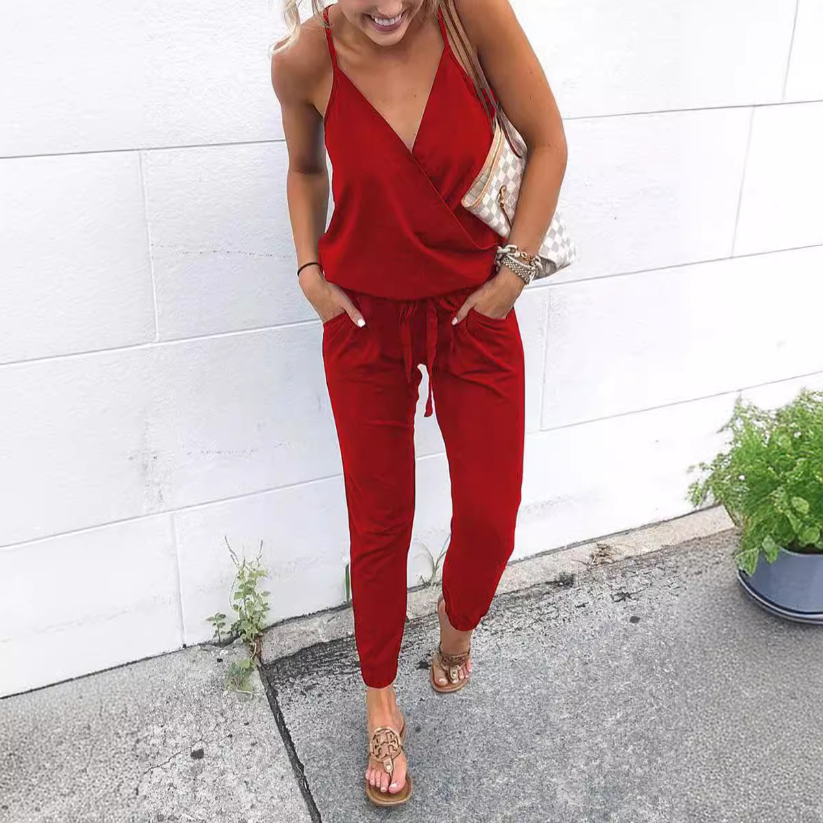 Women's Casual Tie-Front Open-Back Cami Jumpsuit with Pockets