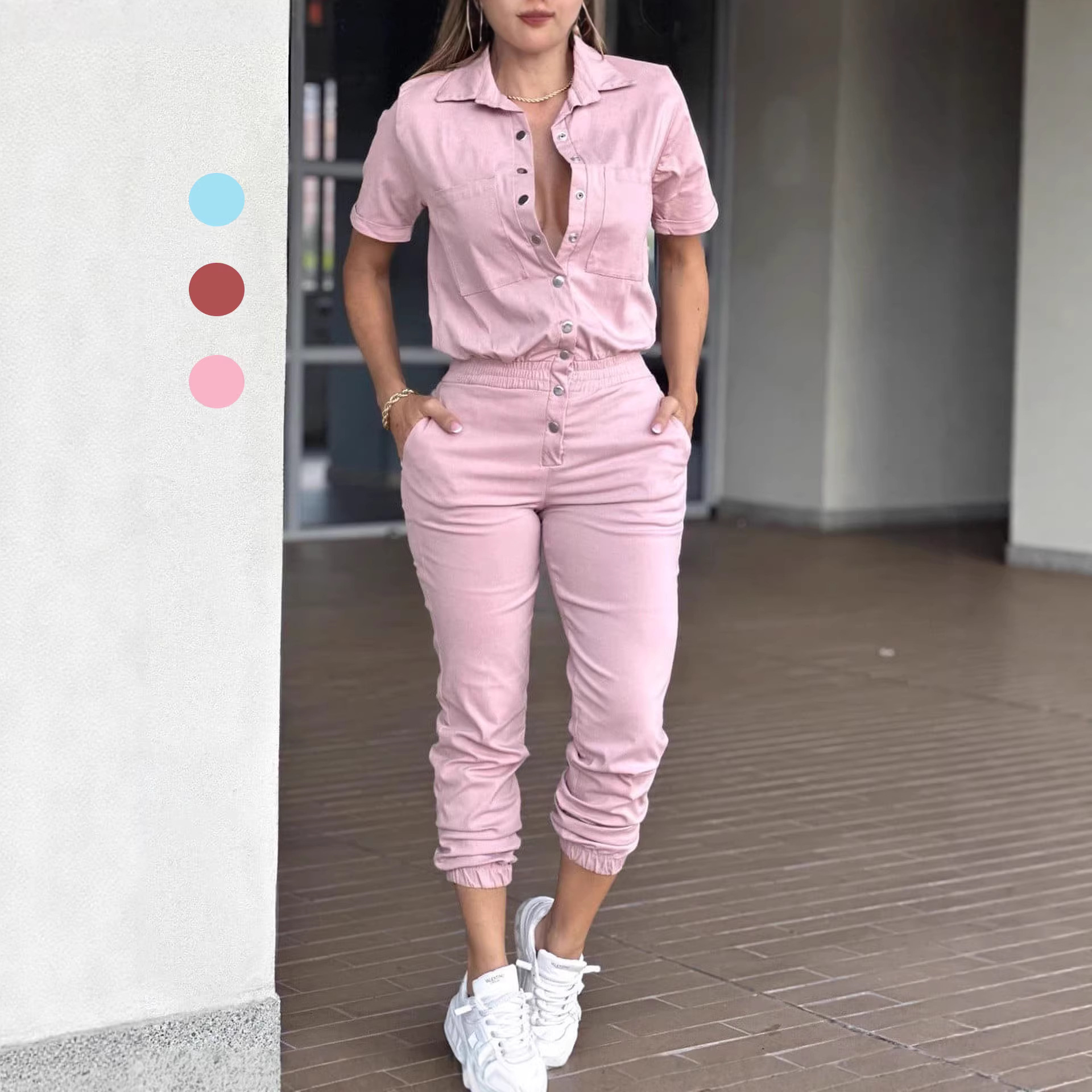 Women's Casual Jumpsuit with Collar, Pockets, Elastic Waist and Button Detail