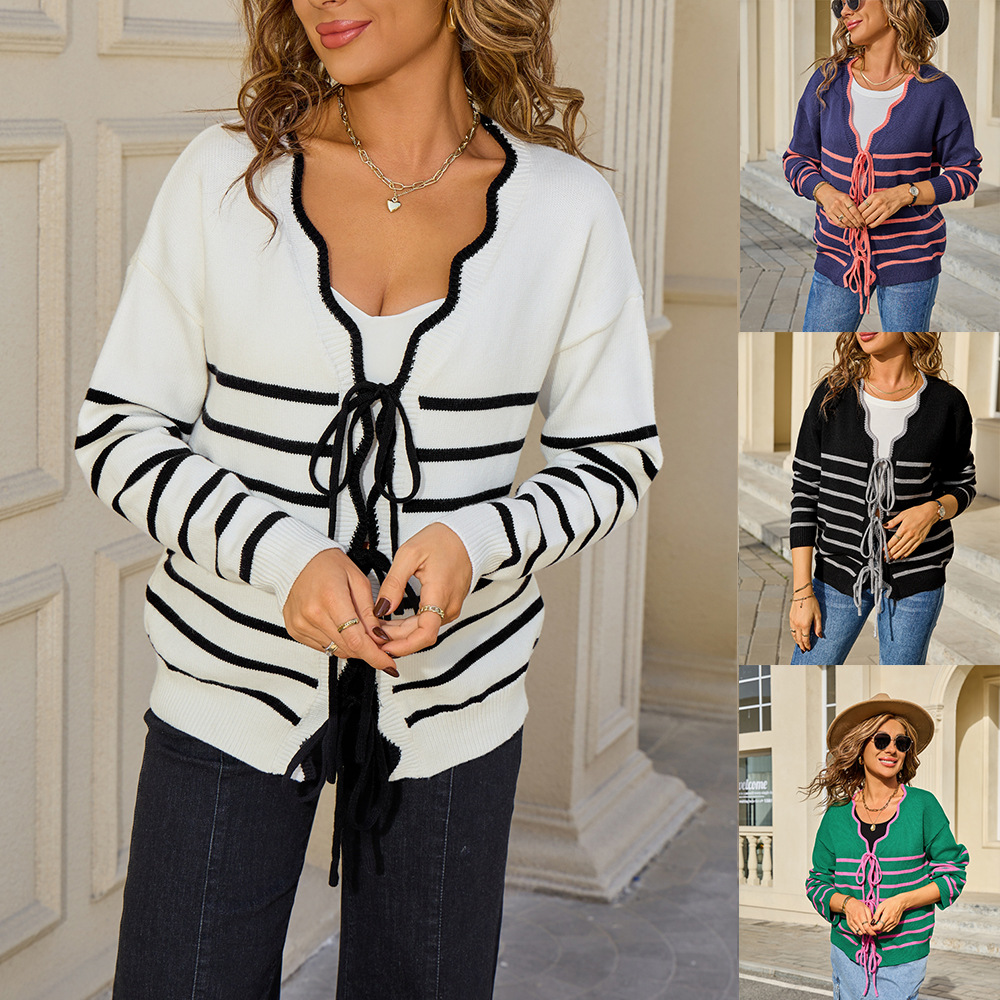 Striped Colorblock Tie-Front Cardigan Sweater Women Loose Fit