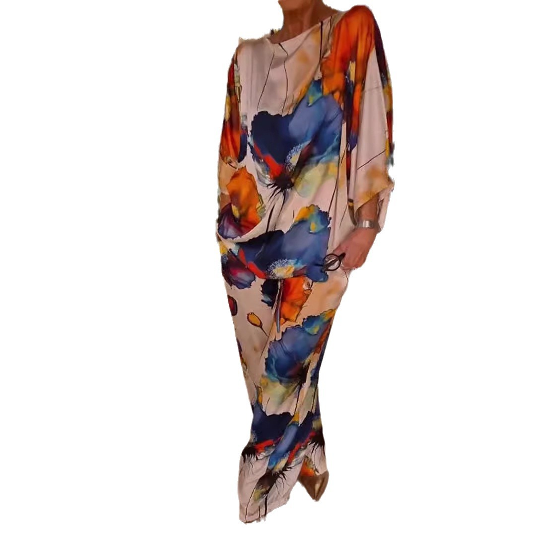 Elegant Satin Off-Shoulder Batwing Sleeve Printed Drawstring Pants Set
