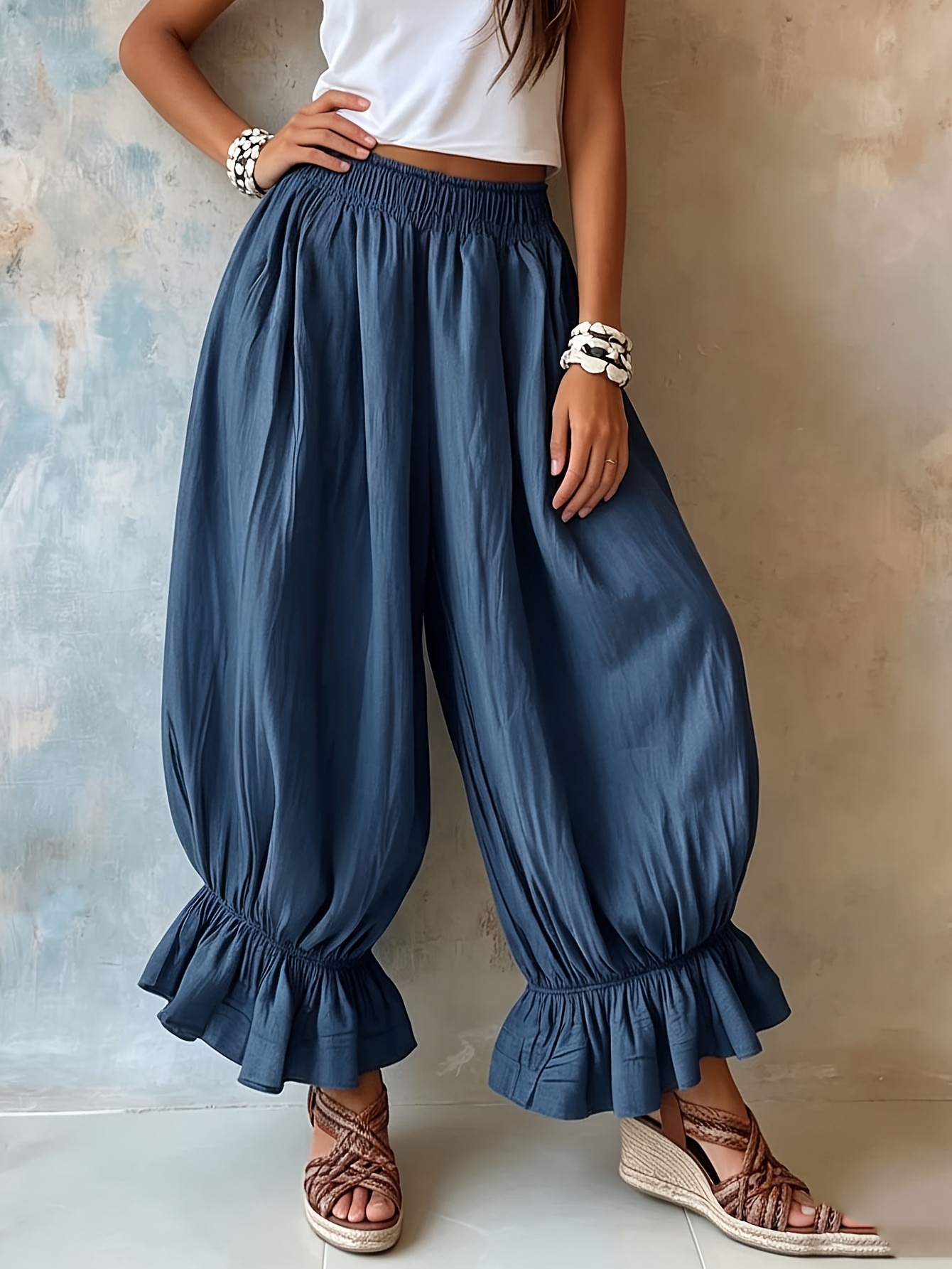 High-Waist Wide-Leg Ruffle Hem Pants for Women